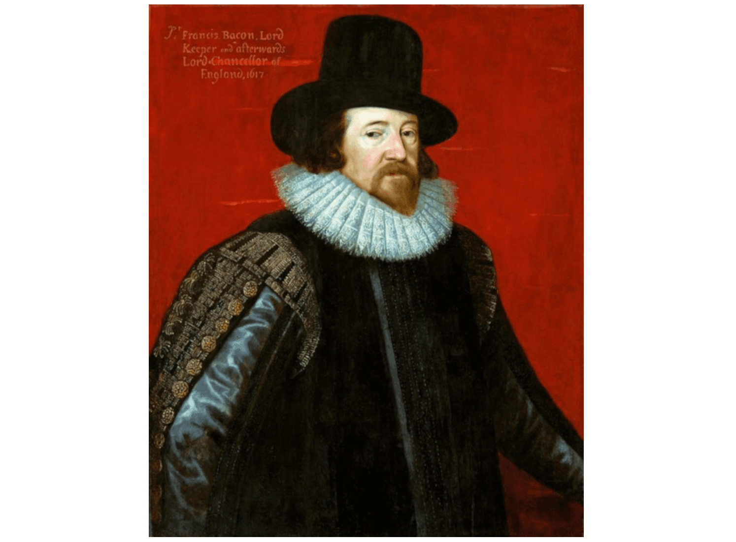 L'image montre un portrait de Francis Bacon, habillé dans le style Renaissance, avec un grand chapeau et une fraise. Le fond est surtout rouge avec un texte explicatif dans le coin supérieur gauche.