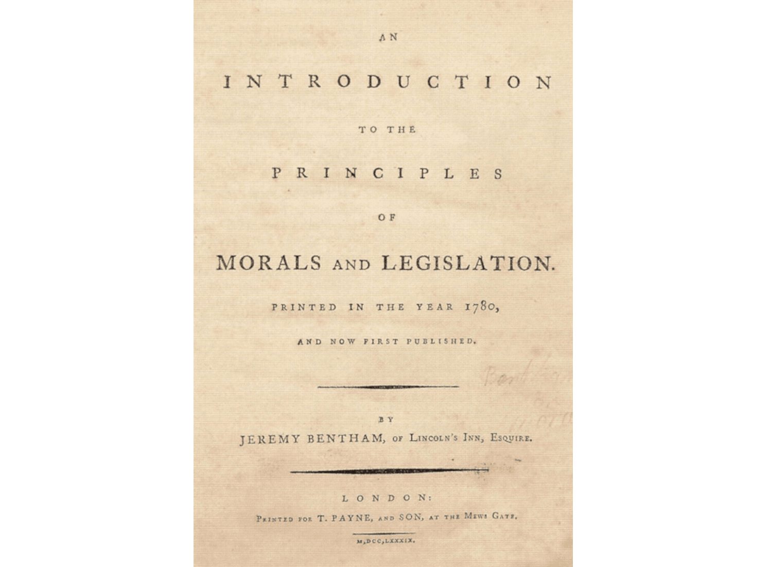 L'image montre la page de titre du livre de Bentham intitulé « Introduction to the Principles of Morals and Legislation », publié à Londres en 1780.