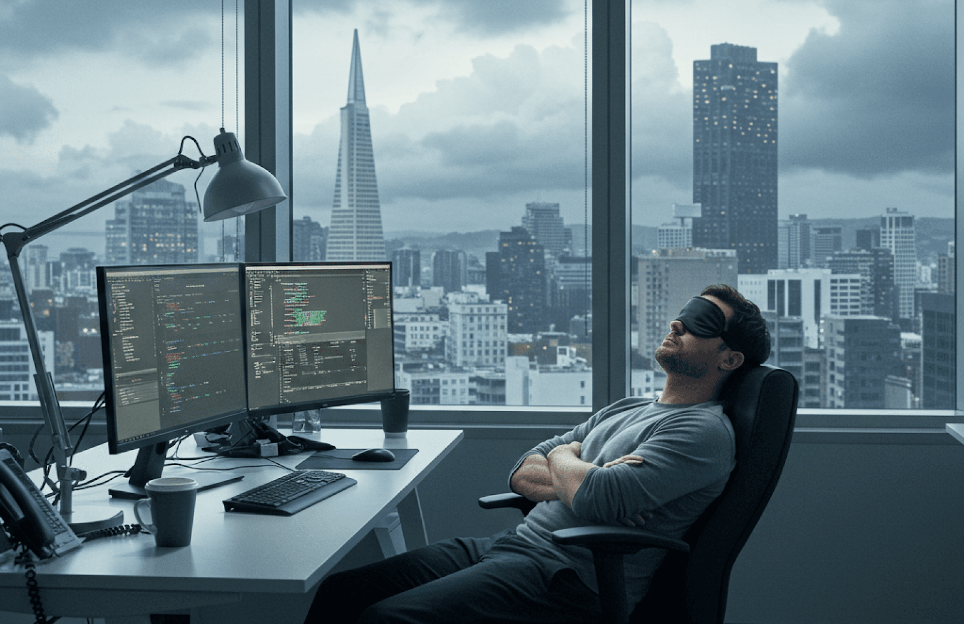 Un homme portant un masque de sommeil fait une sieste dans un fauteuil de bureau, face à deux écrans d'ordinateur affichant du code. Par une grande fenêtre, on aperçoit un paysage urbain nuageux où se détache un imposant gratte-ciel pointu.