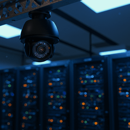 Une caméra de sécurité est suspendue au plafond d'un centre de données, surveillant des rangées de baies de serveurs aux voyants clignotants dans un environnement faiblement éclairé et bleuté.