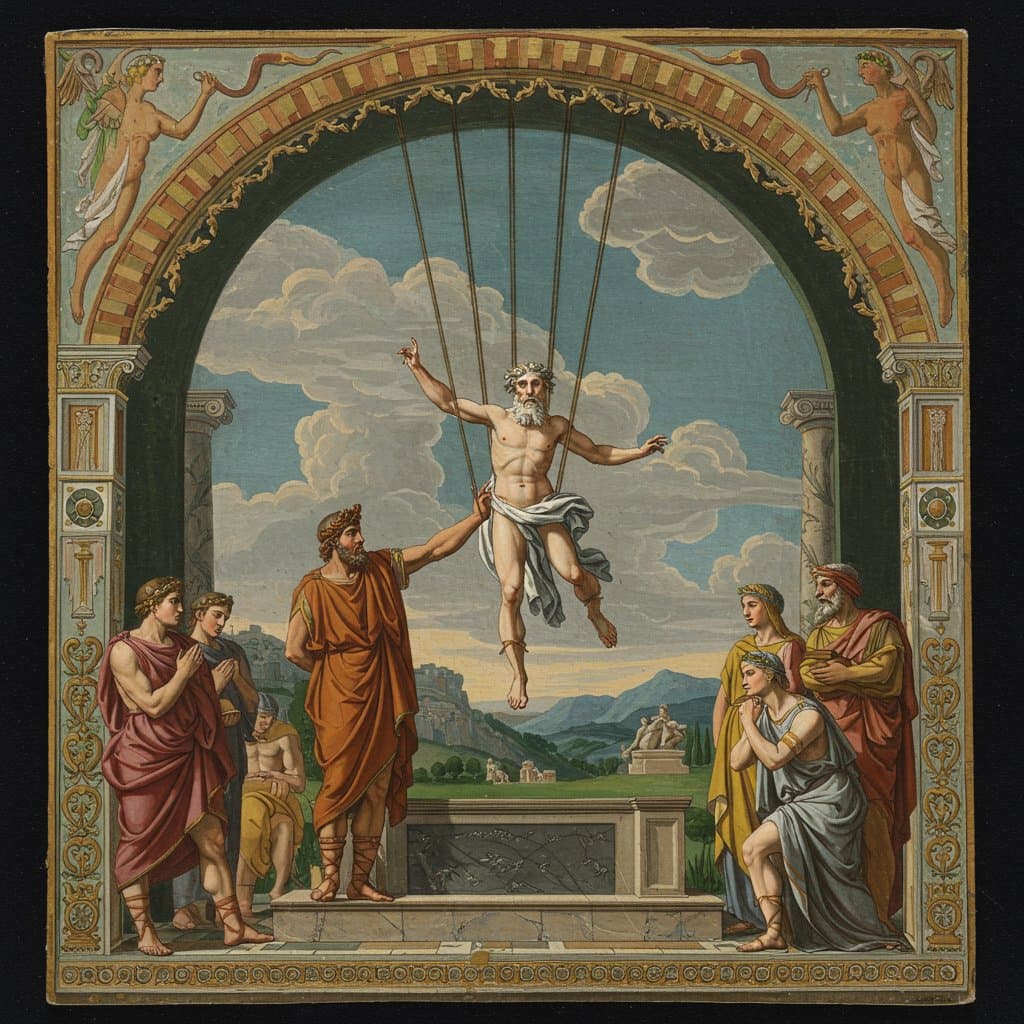 L'image montre une peinture classique représentant un deus ex machina : une figure divine suspendue par les câbles apparents de la machinerie scénique, descendant du ciel pour résoudre une scène dramatique.