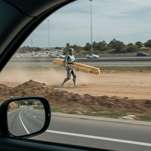 Depuis le siège passager d'une voiture, on aperçoit un robot humanoïde transportant du bois sur un chantier de construction en terre à côté d'une autoroute très fréquentée. L'autoroute se reflète dans le rétroviseur latéral de la voiture.