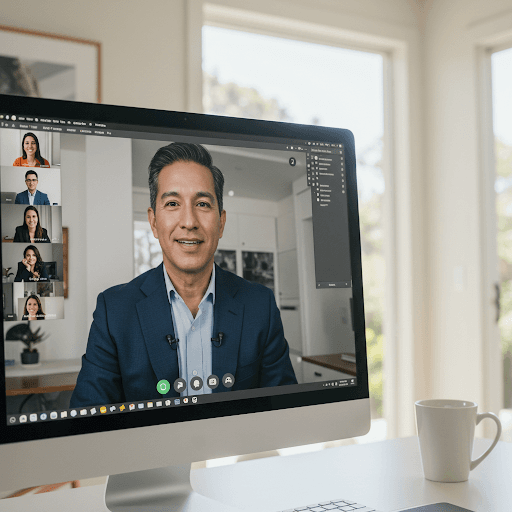 Un écran d'ordinateur affiche une vidéoconférence avec un homme en blazer bleu bien en évidence. Plusieurs autres participants apparaissent dans des fenêtres plus petites sur le côté gauche de l'écran.