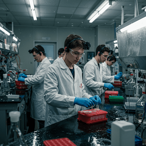 Plusieurs jeunes en blouse de laboratoire et équipés de casques travaillent attentivement dans un laboratoire moderne. Ils portent des lunettes de sécurité et manipulent des tubes à essai sur des paillasses humides.