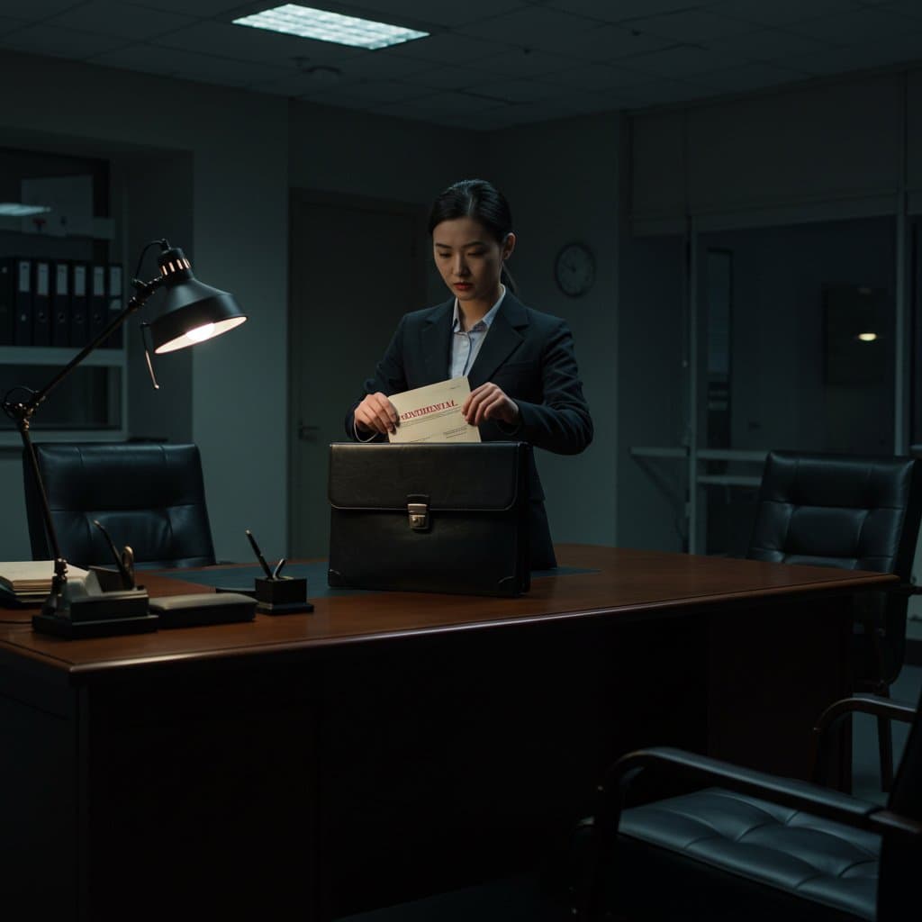 Une femme en tailleur se tient dans un bureau faiblement éclairé, plaçant un document marqué « CONFIDENTIEL » dans une mallette noire posée sur un bureau.