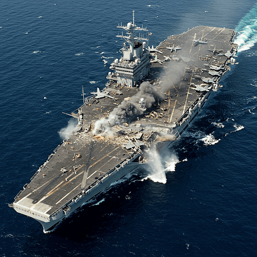 Un porte-avions subit des dommages lors d'une attaque, laissant apparaître de la fumée et des débris sur son pont d'envol alors qu'il navigue en mer.