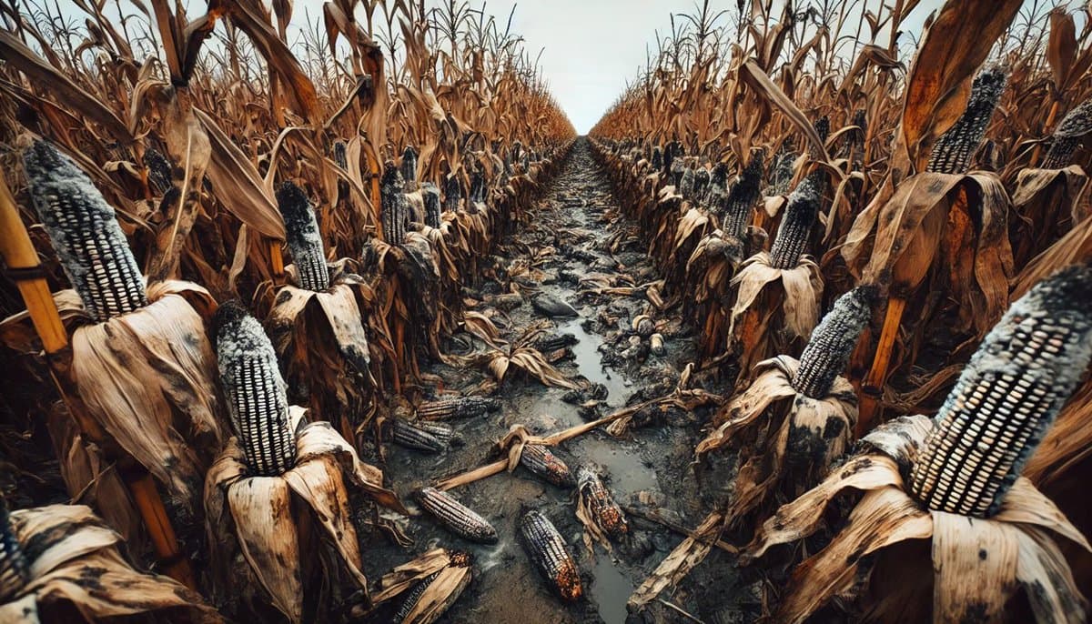 Un champ de tiges de maïs flétries sous un ciel couvert. Des épis de maïs moisis et sombres restent sur les tiges ou gisent éparpillés sur le chemin boueux entre les rangées.