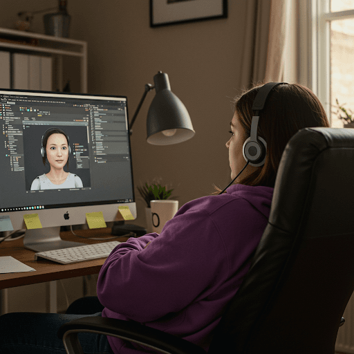 Une personne portant un casque audio est assise devant un ordinateur et regarde un logiciel affichant un modèle 3D d'un avatar féminin portant également un casque audio.
