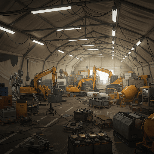 À l'intérieur d'un grand hangar en toile, plusieurs excavatrices jaunes, une bétonnière, des batteries et d'autres équipements de construction sont entreposés.