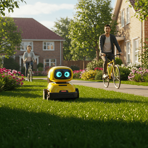 Un petit robot jaune est assis sur une pelouse verte dans un quartier pavillonnaire ensoleillé, tandis qu'un homme et une femme font du vélo sur un chemin à proximité.