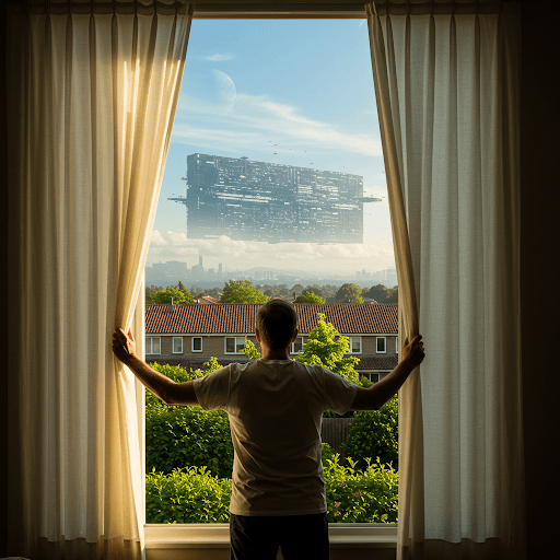 Une personne ouvre les rideaux pour révéler un énorme vaisseau spatial extraterrestre rectangulaire planant au-dessus d'un paysage suburbain, avec la silhouette d'une ville au loin et une lune dans le ciel.