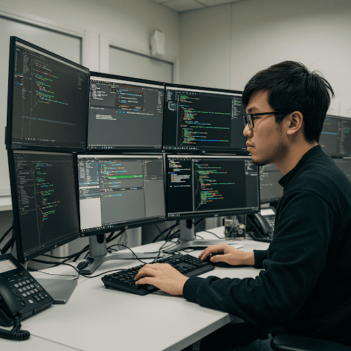 Un homme à lunettes, assis à un bureau, tape sur un clavier tout en consultant du code affiché sur six écrans d'ordinateur.