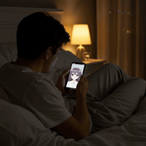 Un jeune homme est allongé dans son lit la nuit, regardant son smartphone sur lequel s'affiche un personnage d'anime. Une lampe de chevet diffuse une lumière tamisée dans la pièce.