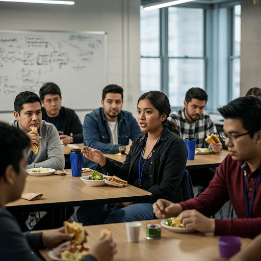 De jeunes adultes partagent un repas autour de tables dans une pièce. Une femme s'adresse avec animation au groupe, tandis que les autres écoutent et mangent.