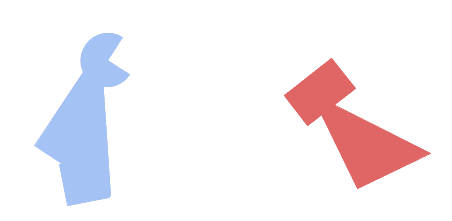 L'image montre deux figures abstraites, l'une bleue en forme de « thneeb » et l'autre de forme différente, mais de couleur rose.