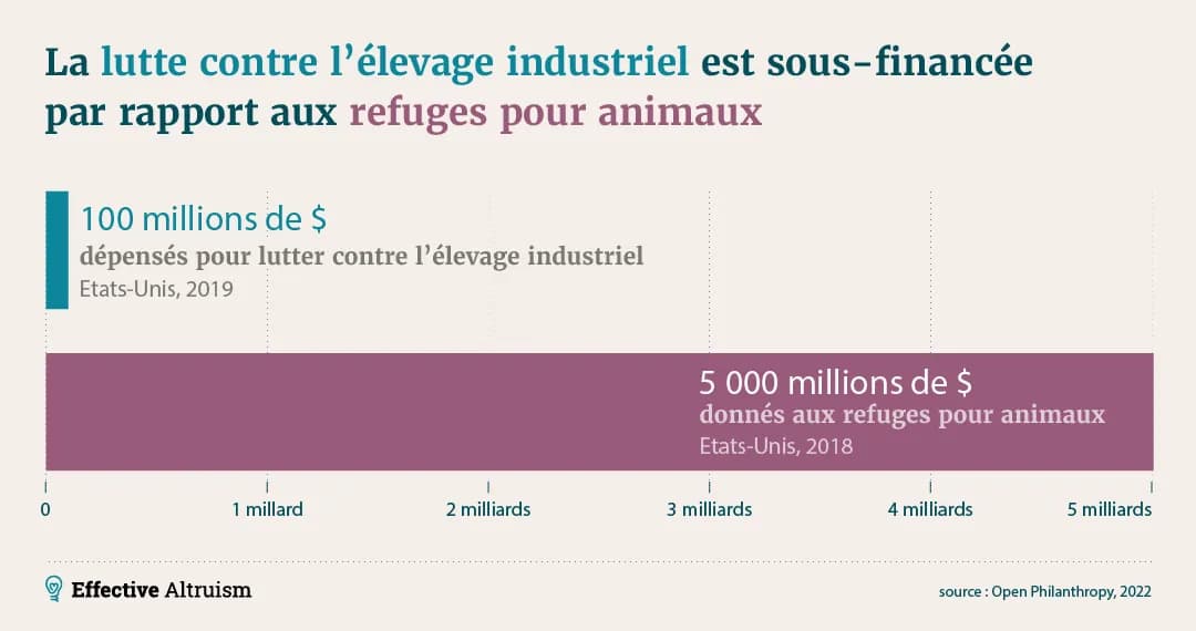 Le graphique montre une comparaison des dépenses aux États-Unis en 2018, avec 100 millions de dollars utilisés pour la défense des animaux de ferme et 5 000 millions de dollars destinés aux refuges pour animaux, mettant en évidence une différence significative entre les deux.