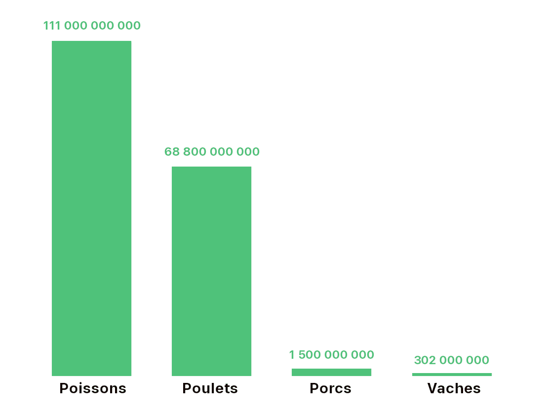 L'image montre un diagramme à barres avec quatre catégories : Poissons, poulets, porcs et vaches, indiquant les quantités respectives allant de 111 milliards pour les poissons à 302 millions pour les vaches.