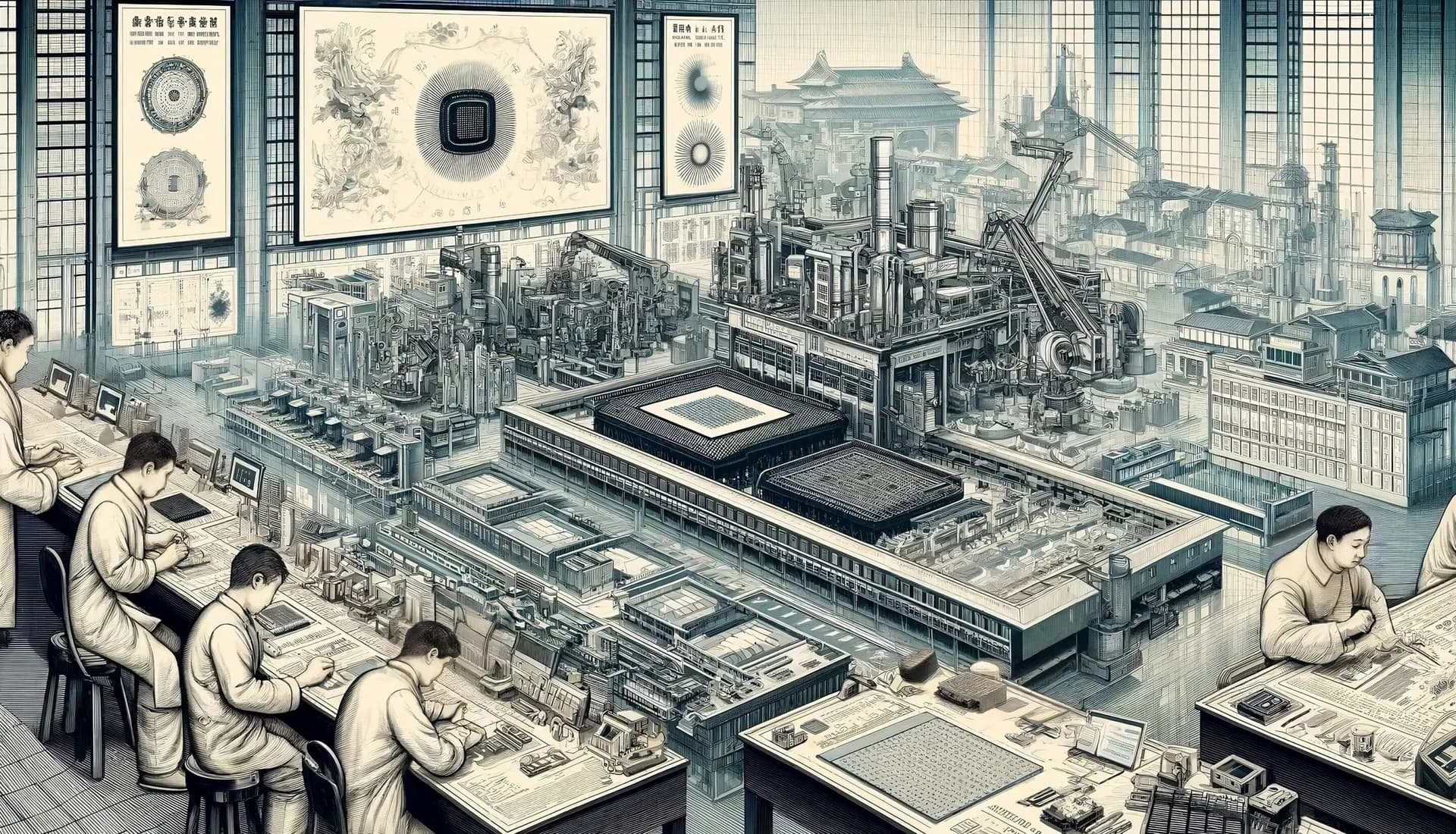 Cette illustration détaillée représente une usine de fabrication de semi-conducteurs où des ouvriers en blouse blanche utilisent des équipements et surveillent les chaînes de production. La scène montre plusieurs niveaux de machines industrielles, des salles blanches et des schémas techniques affichés sur les murs, représentant les processus modernes de fabrication de puces électroniques.